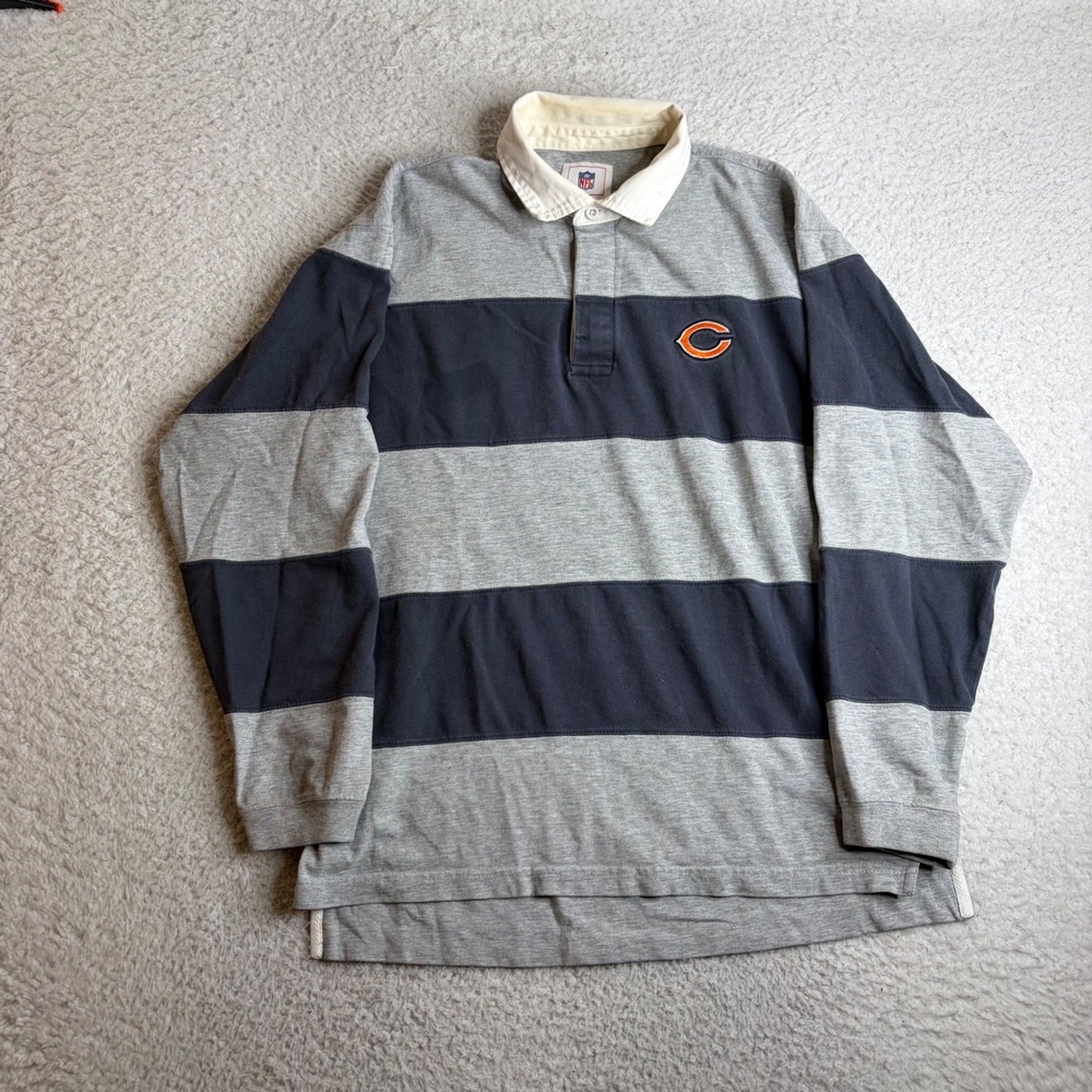 NFL Chicago Bears Rugby Shirt Mens Medium Grey Navy Blue Striped Long Sleeve